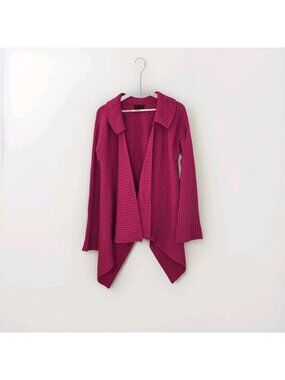Simon Chang Wool Cardigan M Fucsia Ribbed LS Open Assymetric Lagenlook Boho Edgy